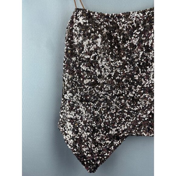 Cache Sequin Asymmetrical Top S Gold Silk & Polyester Spaghetti Straps - Picture 6 of 7